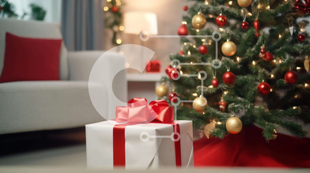 Intra Συλλεκτικό Ξύλινο Παζλ Plywood  4mm - Χριστουγεννιάτικο δώρο με κόκκινο χαρτί περιτυλίγματος δίπλα στο χριστουγεννιάτικο δέντρο Σε Ξύλινο Κουτί - Διαστάσεις: 10x10 cm – 25 κομμάτια