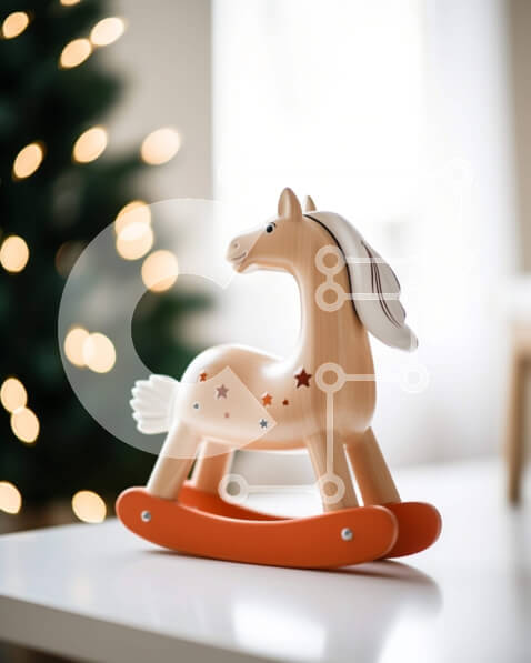 Intra Συλλεκτικό Ξύλινο Παζλ Plywood  4mm - Ξύλινο κουνιστό άλογο στο τραπέζι με πορτοκαλί χριστουγεννιάτικο δέντρο Σε Ξύλινο Κουτί - Διαστάσεις: 10x10 cm – 25 κομμάτια