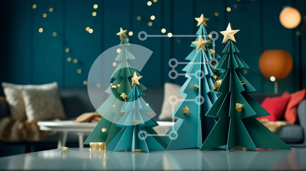 Intra Συλλεκτικό Ξύλινο Παζλ Plywood  4mm - Μπλε χριστουγεννιάτικα δέντρα σε ένα τραπέζι στο σαλόνι Σε Ξύλινο Κουτί - Διαστάσεις: 10x10 cm – 25 κομμάτια