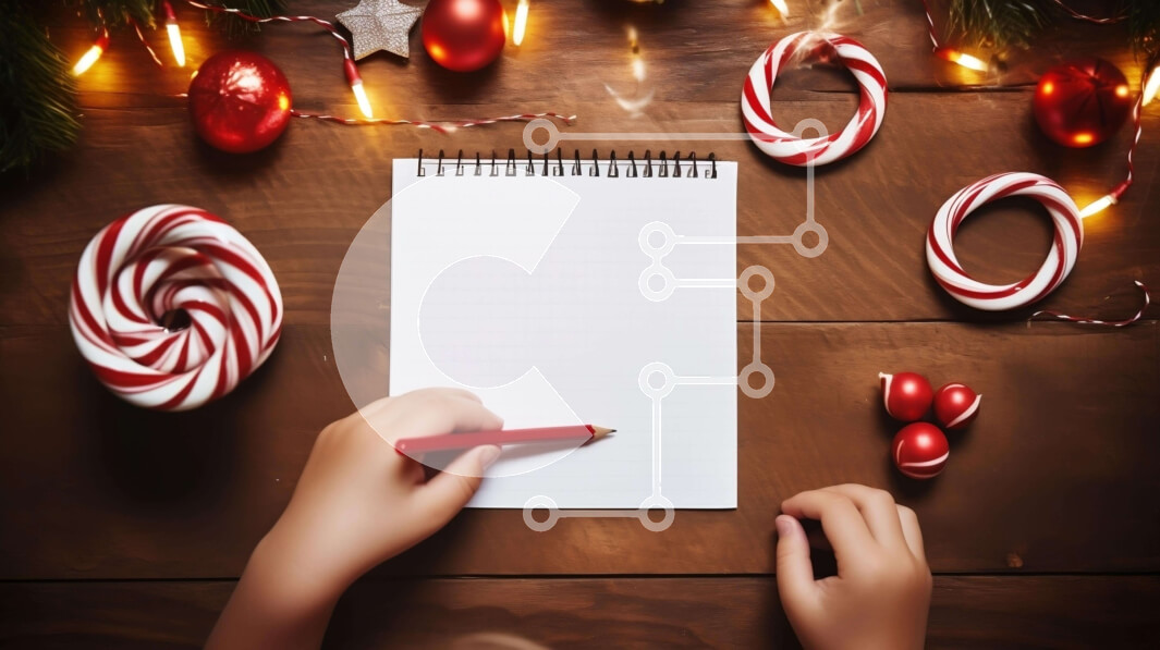 Intra Συλλεκτικό Ξύλινο Παζλ Plywood  4mm - Γραφή στο χέρι σε άδειο χαρτί που περιβάλλεται από χριστουγεννιάτικα στολίδια Σε Ξύλινο Κουτί - Διαστάσεις: 10x10 cm – 25 κομμάτια