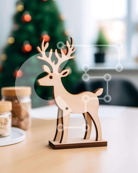 Intra Συλλεκτικό Ξύλινο Παζλ Plywood  4mm - Ξύλινο ειδώλιο ελαφιού στο τραπέζι με χριστουγεννιάτικο δέντρο στο φόντο Σε Ξύλινο Κουτί - Διαστάσεις Puzzle: 10x10 cm – 25 κομμάτια