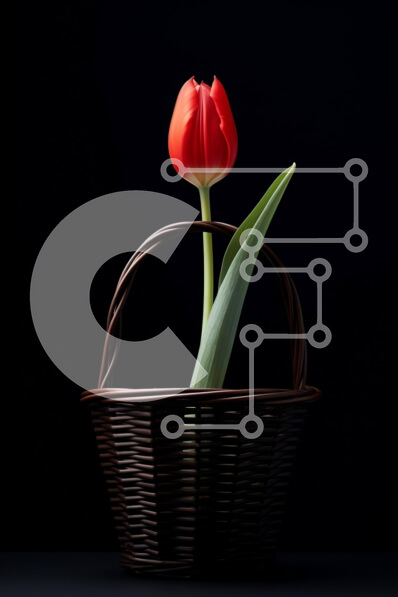 Σετ των 2 Intra Συλλεκτικό Ξύλινο Παζλ Plywood  4mm - Μονό κόκκινο λουλούδι τουλίπας σε καφέ καλάθι Σε Ξύλινο Κουτί - Διαστάσεις: 10x10 cm – 25 κομμάτια