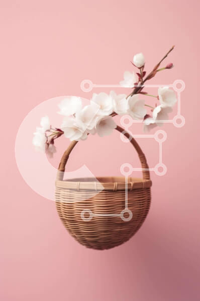 Σετ των 2 Intra Συλλεκτικό Ξύλινο Παζλ Plywood  4mm - Λευκά άνθη κερασιάς σε ένα καλάθι από ρατάν σε ροζ φόντο Σε Ξύλινο Κουτί - Διαστάσεις: 10x10 cm – 25 κομμάτια