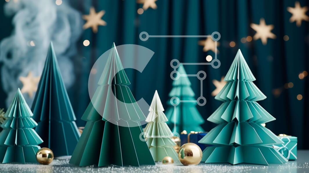 Intra Συλλεκτικό Ξύλινο Παζλ Plywood  4mm - Πράσινα χριστουγεννιάτικα δέντρα Origami στο τραπέζι με χρυσά αστέρια και δώρα Σε Ξύλινο Κουτί - Διαστάσεις: 10x10 cm – 25 κομμάτια