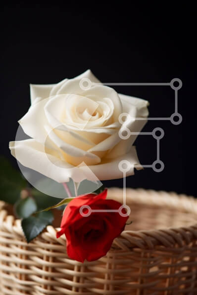 Σετ των 2 Intra Συλλεκτικό Ξύλινο Παζλ Plywood  4mm - Ψάθινο καλάθι με λευκά και κόκκινα τριαντάφυλλα Σε Ξύλινο Κουτί - Διαστάσεις: 10x10 cm – 25 κομμάτια