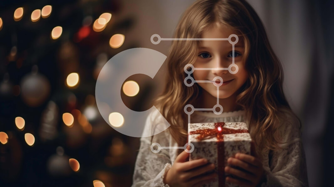 Intra Συλλεκτικό Ξύλινο Παζλ Plywood  4mm - Νεαρό κορίτσι που κρατά ξετυλιγμένο κουτί δώρου μπροστά από το χριστουγεννιάτικο δέντρο Σε Ξύλινο Κουτί - Διαστάσεις: 10x10 cm – 25 κομμάτια