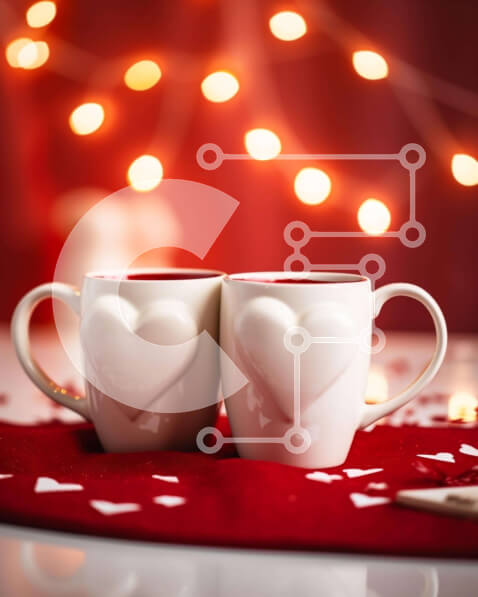 Intra Συλλεκτικό Ξύλινο Παζλ Plywood  4mm - Κούπες καφέ σε σχήμα καρδιάς στο τραπέζι με κόκκινα και λευκά φώτα Σε Ξύλινο Κουτί - Διαστάσεις Puzzle: 10x10 cm – 25 κομμάτια