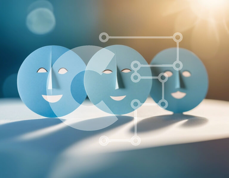 Intra Συλλεκτικό Ξύλινο Παζλ Plywood  4mm - Μπλε χάρτινες μάσκες με χαμογελαστά πρόσωπα Σε Ξύλινο Κουτί - Διαστάσεις Puzzle: 10x10 cm – 25 κομμάτια