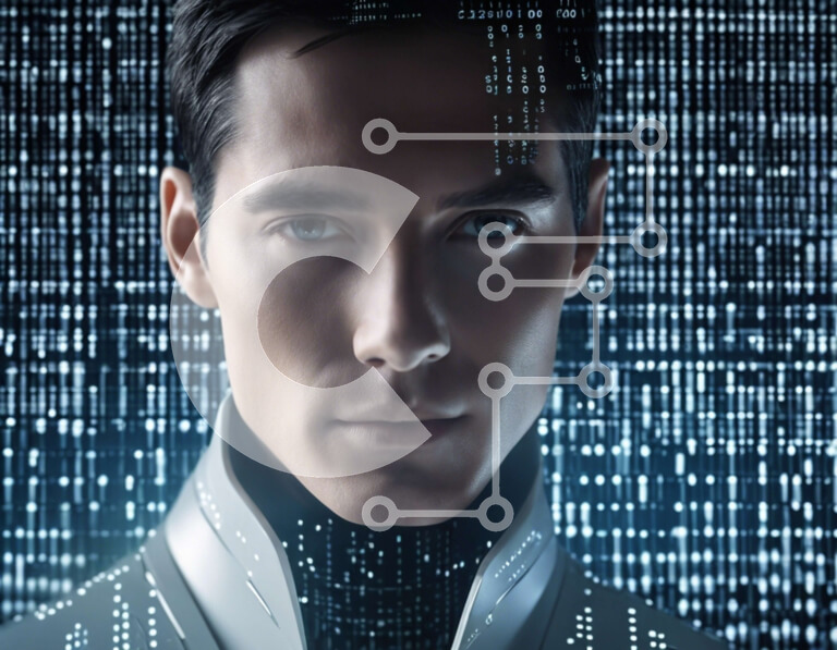 Intra Συλλεκτικό Ξύλινο Παζλ Plywood  4mm - Άνδρας με φουτουριστική ενδυμασία που στέκεται μπροστά από το αφηρημένο ψηφιακό υπόβαθρο Σε Ξύλινο Κουτί - Διαστάσεις Puzzle: 10x10 cm – 25 κομμάτια