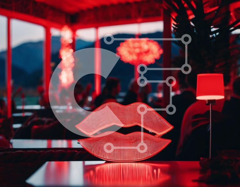 Intra Συλλεκτικό Ξύλινο Παζλ Plywood  4mm - Τραπεζαρία με γλυπτό με κόκκινα χείλη σε φωτισμένο δωμάτιο Σε Ξύλινο Κουτί - Διαστάσεις Puzzle: 10x10 cm – 25 κομμάτια