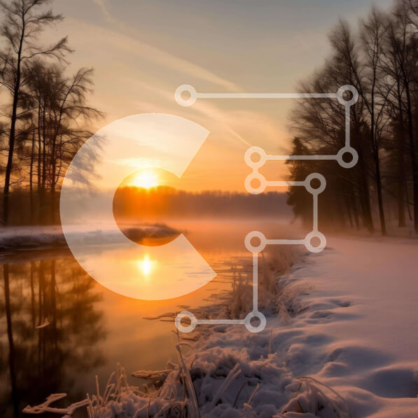 Intra Συλλεκτικό Ξύλινο Παζλ Plywood  4mm - Χιονισμένος ποταμός στο ηλιοβασίλεμα με αντανακλάσεις Σε Ξύλινο Κουτί - Διαστάσεις: 10x10 cm – 25 κομμάτια