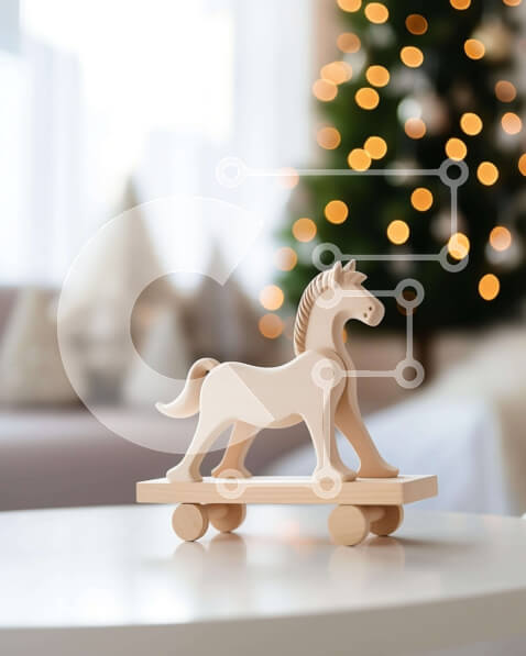 Intra Συλλεκτικό Ξύλινο Παζλ Plywood  4mm - Ξύλινο παιχνίδι άλογο σε διακοσμητικό τραπέζι με χριστουγεννιάτικο δέντρο Σε Ξύλινο Κουτί - Διαστάσεις Puzzle: 10x10 cm – 25 κομμάτια