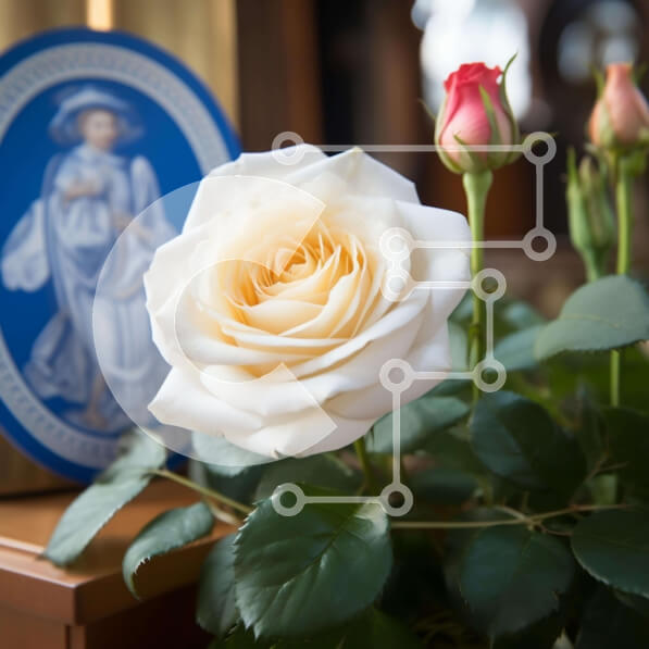 Intra Συλλεκτικό Ξύλινο Παζλ Plywood  4mm - Λευκά και ροζ τριαντάφυλλα με πράσινα φύλλα σε ένα τραπέζι Σε Ξύλινο Κουτί - Διαστάσεις: 10x10 cm – 25 κομμάτια