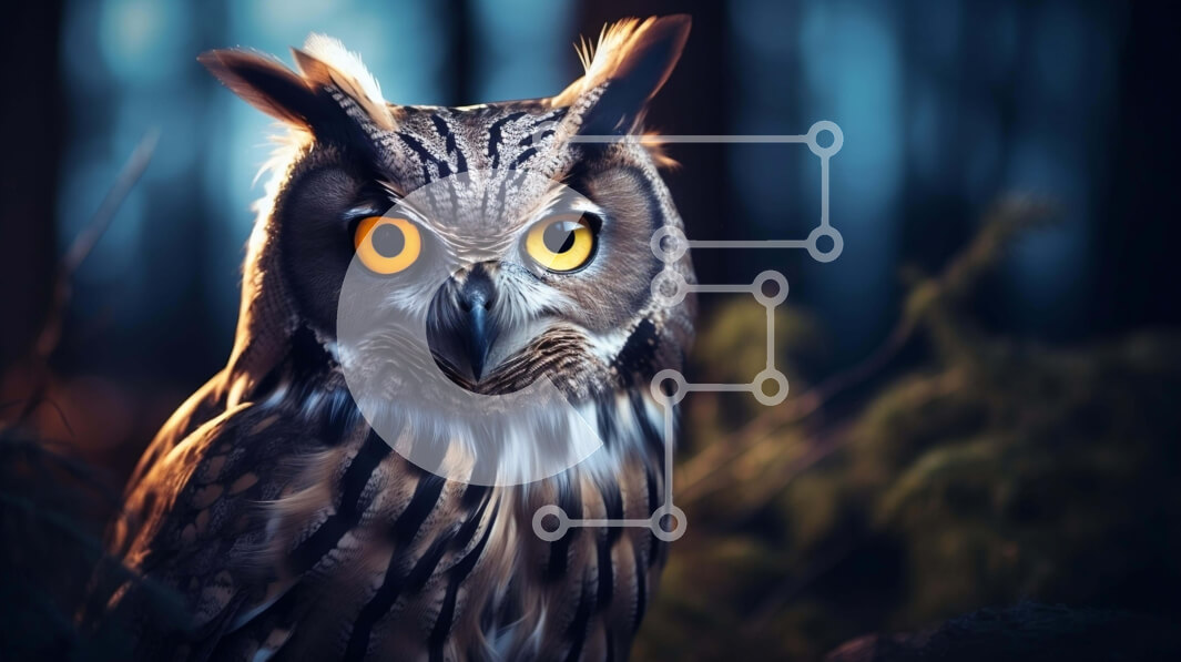 Intra Συλλεκτικό Ξύλινο Παζλ Plywood  4mm - Μεγάλη κουκουβάγια με φωτεινά κίτρινα μάτια στο δάσος Σε Ξύλινο Κουτί - Διαστάσεις: 10x10 cm – 25 κομμάτια