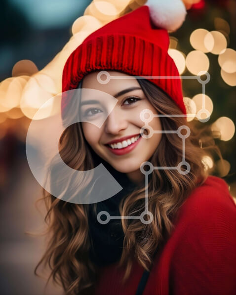 Intra Συλλεκτικό Ξύλινο Παζλ Plywood  4mm - Χαμογελαστή γυναίκα στα κόκκινα με μακριά σγουρά μαλλιά μπροστά από ένα φωτισμένο χριστουγεννιάτικο δέντρο Σε Ξύλινο Κουτί - Διαστάσεις: 10x10 cm – 25 κομμάτια