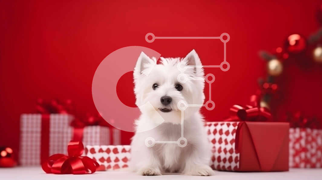 Intra Συλλεκτικό Ξύλινο Παζλ Plywood  4mm - White West Highland Terrier με κόκκινα δώρα και διακοσμήσεις Σε Ξύλινο Κουτί - Διαστάσεις: 10x10 cm – 25 κομμάτια