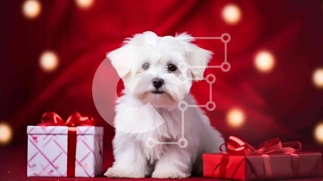 Σετ των 2 Intra Συλλεκτικό Ξύλινο Παζλ Plywood  4mm - Εορταστικό λευκό σκυλί με κόκκινα κουτιά δώρων Σε Ξύλινο Κουτί - Διαστάσεις: 10x10 cm – 25 κομμάτια