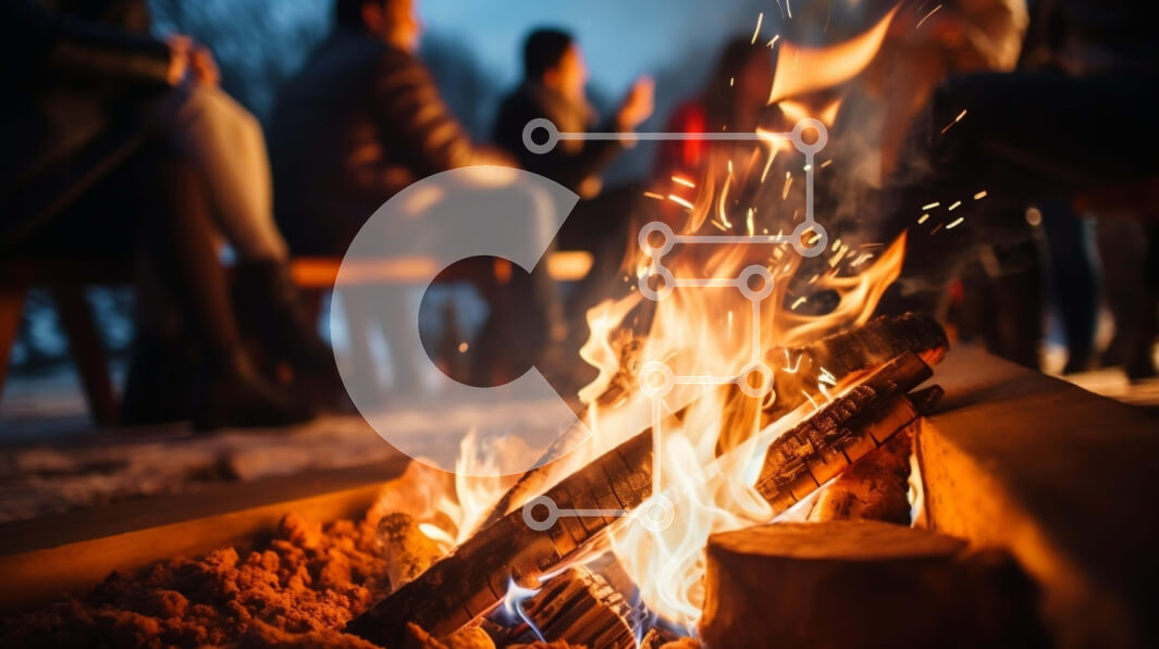 Intra Συλλεκτικό Ξύλινο Παζλ Plywood  4mm - Ομάδα ανθρώπων που κάθονται γύρω από ένα λάκκο πυρκαγιάς στο χιόνι Σε Ξύλινο Κουτί - Διαστάσεις Puzzle: 10x10 cm – 25 κομμάτια