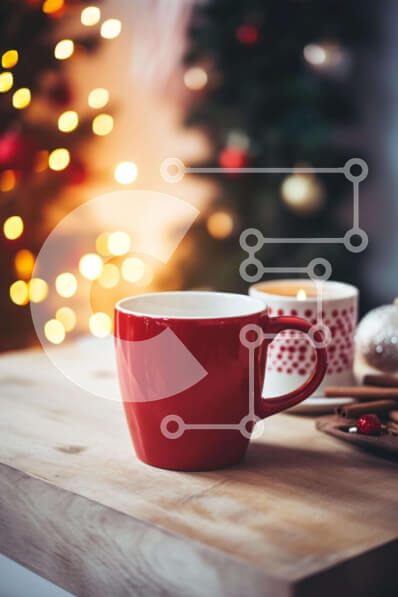 Σετ των 2 Intra Συλλεκτικό Ξύλινο Παζλ Plywood  4mm - Κόκκινο φλιτζάνι καφέ σε ξύλινο τραπέζι με εορταστικές διακοσμήσεις Σε Ξύλινο Κουτί - Διαστάσεις: 10x10 cm – 25 κομμάτια