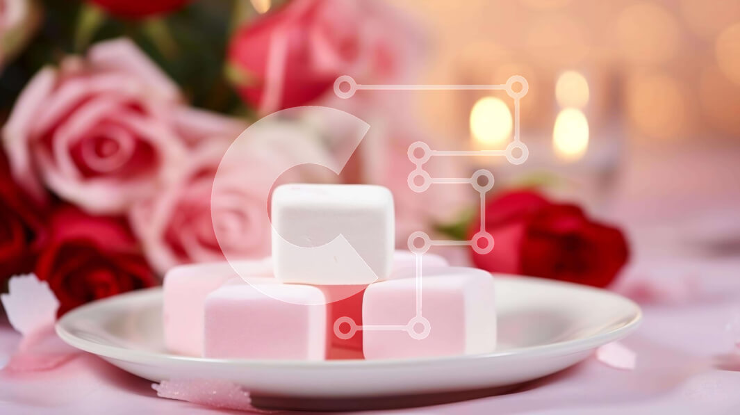 Σετ των 2 Intra Συλλεκτικό Ξύλινο Παζλ Plywood  4mm - Πιάτο με ροζ και λευκά Marshmallows και τριαντάφυλλα Σε Ξύλινο Κουτί - Διαστάσεις: 10x10 cm – 25 κομμάτια