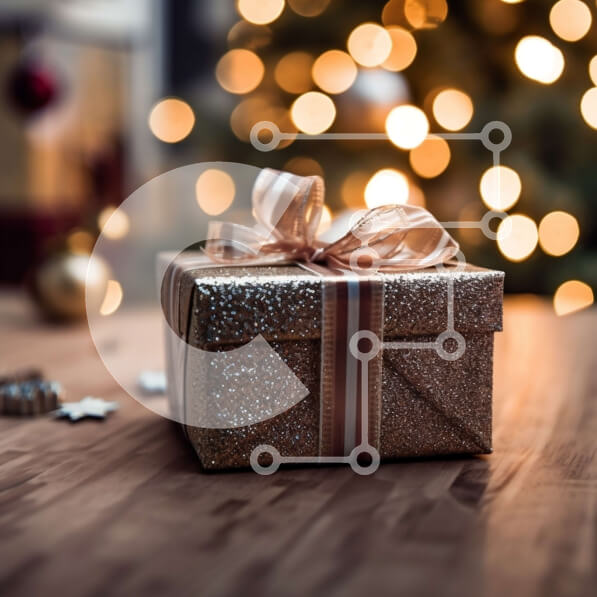 Intra Συλλεκτικό Ξύλινο Παζλ Plywood  4mm - Χρυσό κουτί δώρου με φιόγκο σε ξύλινο τραπέζι μπροστά από χριστουγεννιάτικο δέντρο με φωτάκια Σε Ξύλινο Κουτί - Διαστάσεις: 10x10 cm – 25 κομμάτια