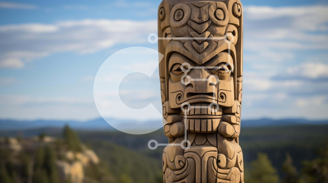 Intra Συλλεκτικό Ξύλινο Παζλ Plywood  4mm - Ξύλινος πόλος τοτέμ Tiki με θέα στο βουνό Σε Ξύλινο Κουτί - Διαστάσεις Puzzle: 10x10 cm – 25 κομμάτια