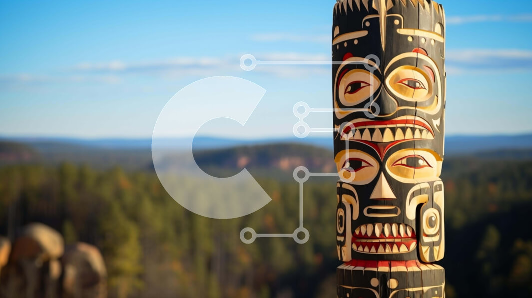 Intra Συλλεκτικό Ξύλινο Παζλ Plywood  4mm - Ιθαγενής Αμερικανός πόλος τοτέμ με φόντο το βουνό και το δάσος Σε Ξύλινο Κουτί - Διαστάσεις: 10x10 cm – 25 κομμάτια