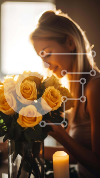 Intra Συλλεκτικό Ξύλινο Παζλ Plywood  4mm - Γυναίκα με κίτρινα τριαντάφυλλα και κερί Σε Ξύλινο Κουτί - Διαστάσεις Puzzle: 10x10 cm – 25 κομμάτια