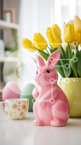 Intra Συλλεκτικό Ξύλινο Παζλ Plywood  4mm - Ροζ πασχαλινό λαγουδάκι με κίτρινες τουλίπες και φλιτζάνια καφέ Σε Ξύλινο Κουτί - Διαστάσεις Puzzle: 10x10 cm – 25 κομμάτια