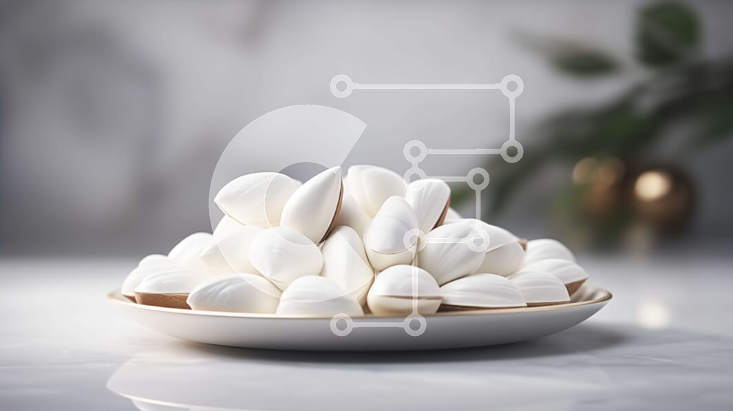 Σετ των 2 Intra Συλλεκτικό Ξύλινο Παζλ Plywood  4mm - Λευκά Marshmallows σε ένα μπολ σε μαρμάρινο τραπέζι Σε Ξύλινο Κουτί - Διαστάσεις: 10x10 cm – 25 κομμάτια