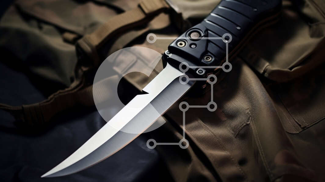 Intra Συλλεκτικό Ξύλινο Παζλ Plywood  4mm - Μαύρο και άσπρο μαχαίρι σε καμουφλαρισμένο σακίδιο στρατού Σε Ξύλινο Κουτί - Διαστάσεις: 10x10 cm – 25 κομμάτια