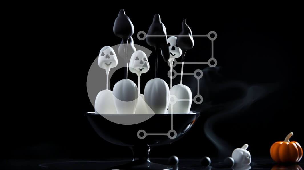 Σετ των 2 Intra Συλλεκτικό Ξύλινο Παζλ Plywood  4mm - Marshmallows σε σχήμα φαντάσματος σε μαύρο μπολ με κολοκύθες Σε Ξύλινο Κουτί - Διαστάσεις: 10x10 cm – 25 κομμάτια