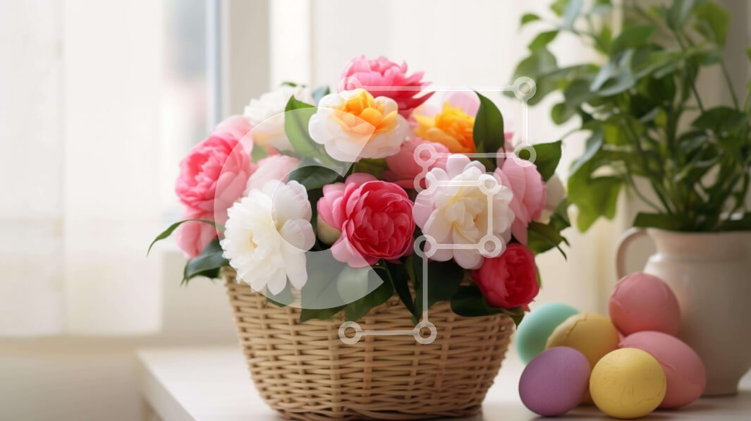 Intra Συλλεκτικό Ξύλινο Παζλ Plywood  4mm - Πολύχρωμα Πασχαλινά λουλούδια και αυγά στο ψάθινο καλάθι Σε Ξύλινο Κουτί - Διαστάσεις Puzzle: 10x10 cm – 25 κομμάτια