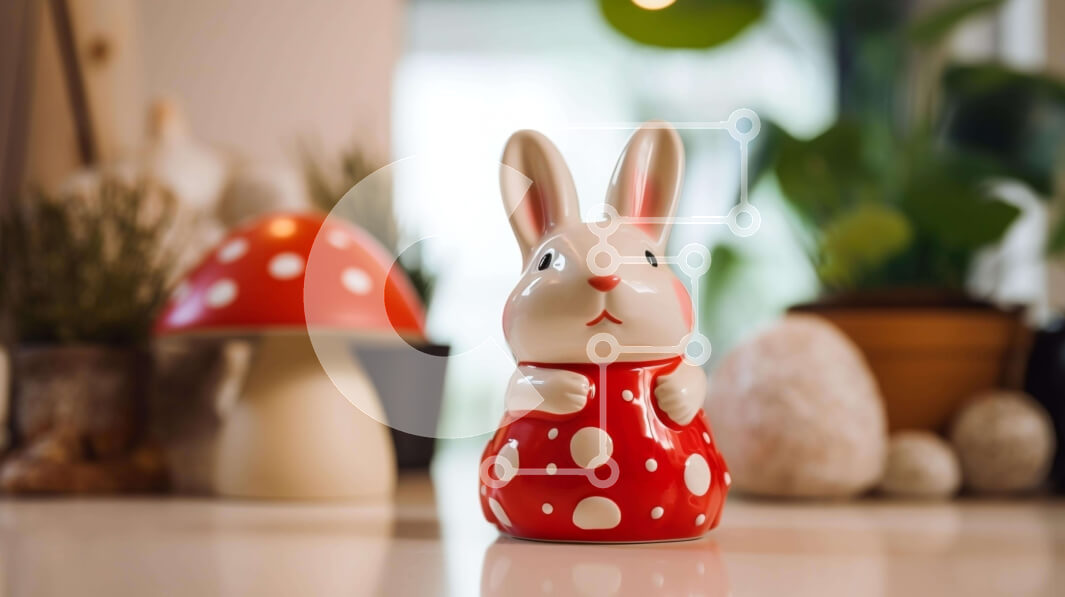 Intra Συλλεκτικό Ξύλινο Παζλ Plywood  4mm - Λευκό και κόκκινο ειδώλιο λαγουδάκι δίπλα σε φυτά και μανιτάρια σε γλάστρες Σε Ξύλινο Κουτί - Διαστάσεις: 10x10 cm – 25 κομμάτια