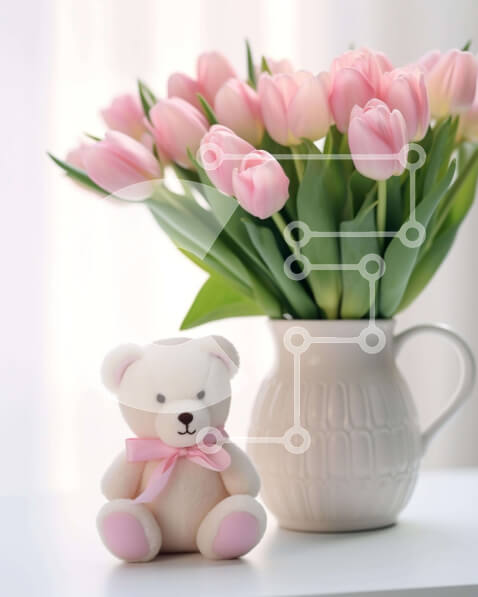 Σετ των 2 Intra Συλλεκτικό Ξύλινο Παζλ Plywood  4mm - Ροζ τουλίπες σε λευκό βάζο με αρκουδάκι Σε Ξύλινο Κουτί - Διαστάσεις: 10x10 cm – 25 κομμάτια