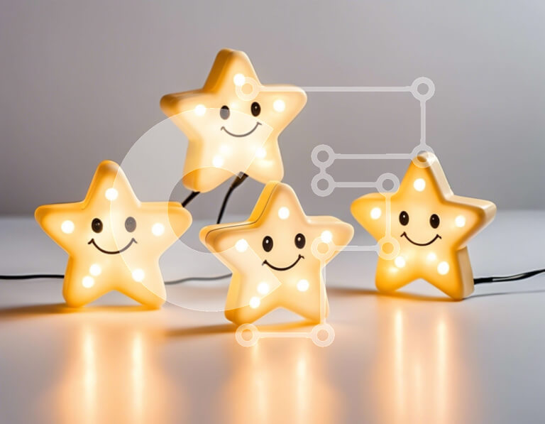 Intra Συλλεκτικό Ξύλινο Παζλ Plywood  4mm - Τέσσερα φωτισμένα αστεράκια με χαμογελαστά πρόσωπα σε λευκή επιφάνεια Σε Ξύλινο Κουτί - Διαστάσεις Puzzle: 10x10 cm – 25 κομμάτια