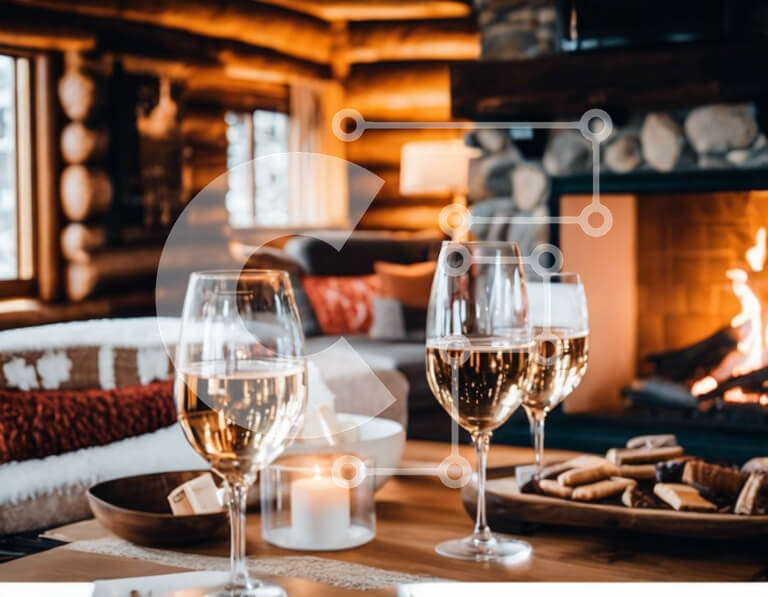 Σετ των 2 Intra Συλλεκτικό Ξύλινο Παζλ Plywood  4mm - Λευκά ποτήρια κρασιού στο τραπέζι δίπλα στο τζάκι Σε Ξύλινο Κουτί - Διαστάσεις: 10x10 cm – 25 κομμάτια