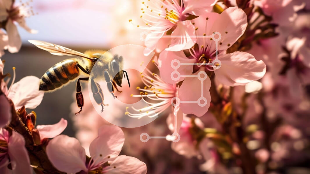 Intra Συλλεκτικό Ξύλινο Παζλ Plywood  4mm - Μέλισσα κοντά στα ροζ άνθη κερασιάς Σε Ξύλινο Κουτί - Διαστάσεις: 10x10 cm – 25 κομμάτια