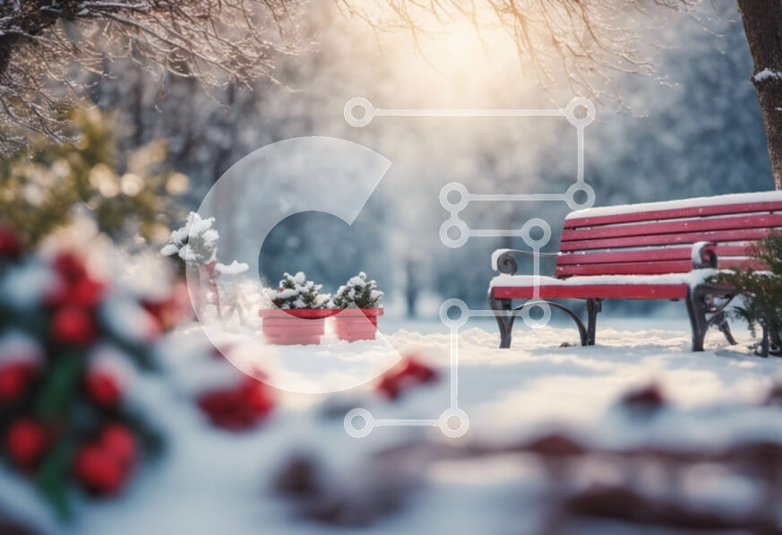 Intra Συλλεκτικό Ξύλινο Παζλ Plywood  4mm - Κόκκινος πάγκος στο Snowy Park με φυτά σε γλάστρες και χριστουγεννιάτικες διακοσμήσεις Σε Ξύλινο Κουτί - Διαστάσεις Puzzle: 10x10 cm – 25 κομμάτια