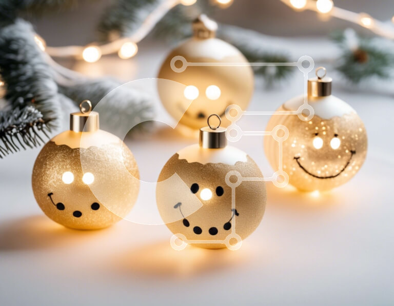 Intra Συλλεκτικό Ξύλινο Παζλ Plywood  4mm - Χρυσά στολίδια προσώπου με χαμόγελο στο στολισμένο χριστουγεννιάτικο δέντρο Σε Ξύλινο Κουτί - Διαστάσεις: 10x10 cm – 25 κομμάτια