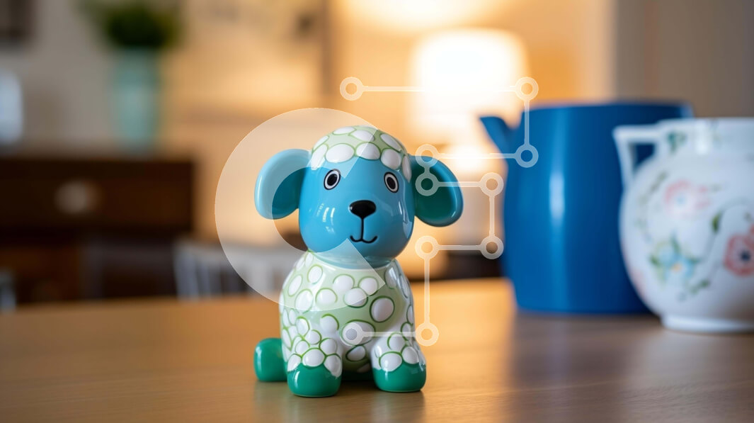 Intra Συλλεκτικό Ξύλινο Παζλ Plywood  4mm - Μικρό μπλε και άσπρο σκυλί παιχνιδιών σε ξύλινο τραπέζι Σε Ξύλινο Κουτί - Διαστάσεις: 10x10 cm – 25 κομμάτια