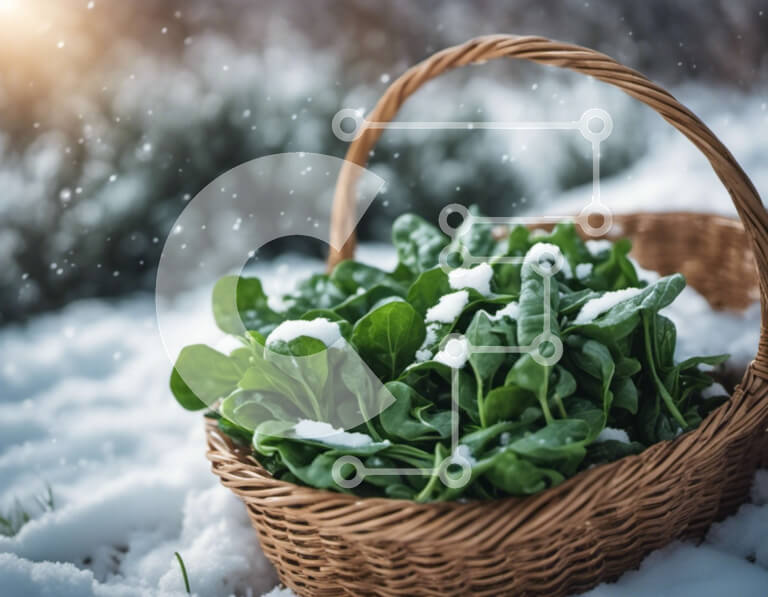 Σετ των 2 Intra Συλλεκτικό Ξύλινο Παζλ Plywood  4mm - Ψάθινο καλάθι γεμάτο με φύλλα σπανακιού στο χιόνι Σε Ξύλινο Κουτί - Διαστάσεις: 10x10 cm – 25 κομμάτια