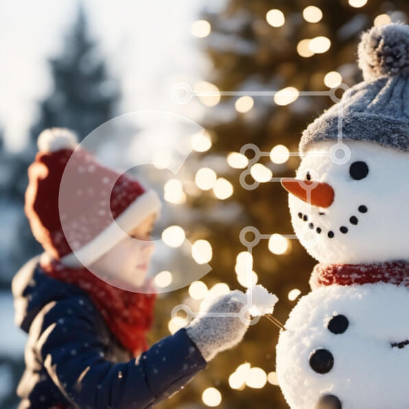 Intra Συλλεκτικό Ξύλινο Παζλ Plywood  4mm - Παιδί που παίζει με τον χιονάνθρωπο μπροστά από το χριστουγεννιάτικο δέντρο Σε Ξύλινο Κουτί - Διαστάσεις Puzzle: 10x10 cm – 25 κομμάτια