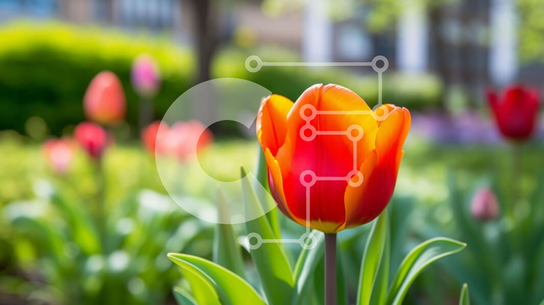 Intra Συλλεκτικό Ξύλινο Παζλ Plywood  4mm - Ζωντανό χωράφι με τουλίπες την άνοιξη με δέντρα και κτίρια Σε Ξύλινο Κουτί - Διαστάσεις: 10x10 cm – 25 κομμάτια