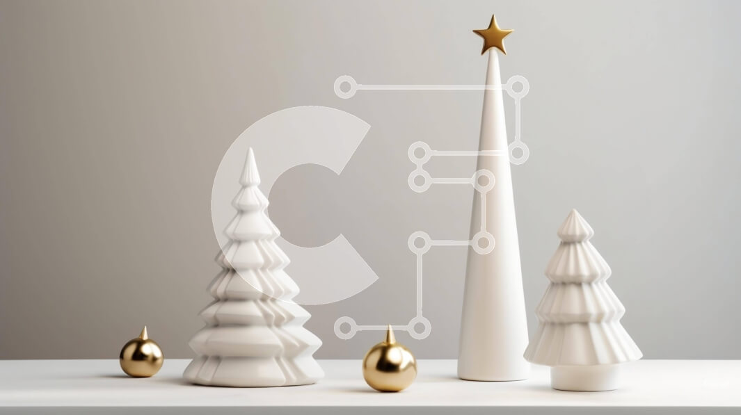 Intra Συλλεκτικό Ξύλινο Παζλ Plywood  4mm - Λευκά κεραμικά χριστουγεννιάτικα δέντρα με χρυσά αστέρια σε ξύλινη επιφάνεια Σε Ξύλινο Κουτί - Διαστάσεις: 10x10 cm – 25 κομμάτια