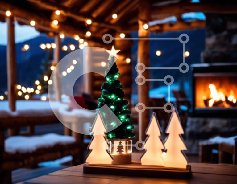 Intra Συλλεκτικό Ξύλινο Παζλ Plywood  4mm - Χριστουγεννιάτικο τραπέζι με στολισμένα δέντρα και τζάκι Σε Ξύλινο Κουτί - Διαστάσεις: 10x10 cm – 25 κομμάτια