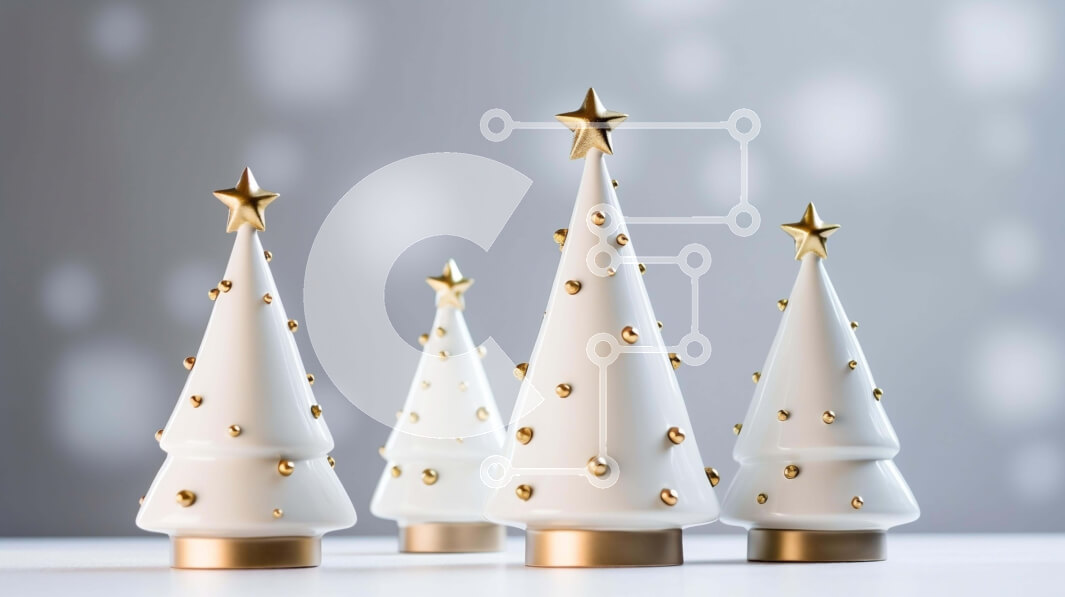 Intra Συλλεκτικό Ξύλινο Παζλ Plywood  4mm - Λευκά και χρυσά κεραμικά χριστουγεννιάτικα δέντρα διακοσμημένα με χρυσά αστέρια Σε Ξύλινο Κουτί - Διαστάσεις: 10x10 cm – 25 κομμάτια