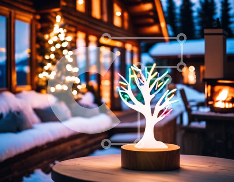 Intra Συλλεκτικό Ξύλινο Παζλ Plywood  4mm - Πολύχρωμο φωτιστικό LED σε σχήμα δέντρου σε χιονισμένο περιβάλλον Σε Ξύλινο Κουτί - Διαστάσεις Puzzle: 10x10 cm – 25 κομμάτια