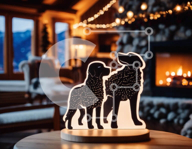 Intra Συλλεκτικό Ξύλινο Παζλ Plywood  4mm - Επιτραπέζιο φωτιστικό με σιλουέτες σκυλιών μπροστά στο τζάκι Σε Ξύλινο Κουτί - Διαστάσεις Puzzle: 10x10 cm – 25 κομμάτια