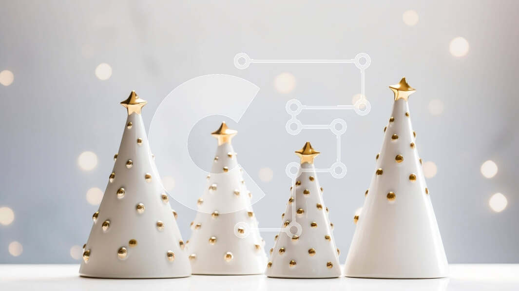 Intra Συλλεκτικό Ξύλινο Παζλ Plywood  4mm - Λευκά Κεραμικά Χριστουγεννιάτικα Δέντρα με Χρυσά Πουά - Εορταστικές Διακοσμήσεις Σε Ξύλινο Κουτί - Διαστάσεις: 10x10 cm – 25 κομμάτια